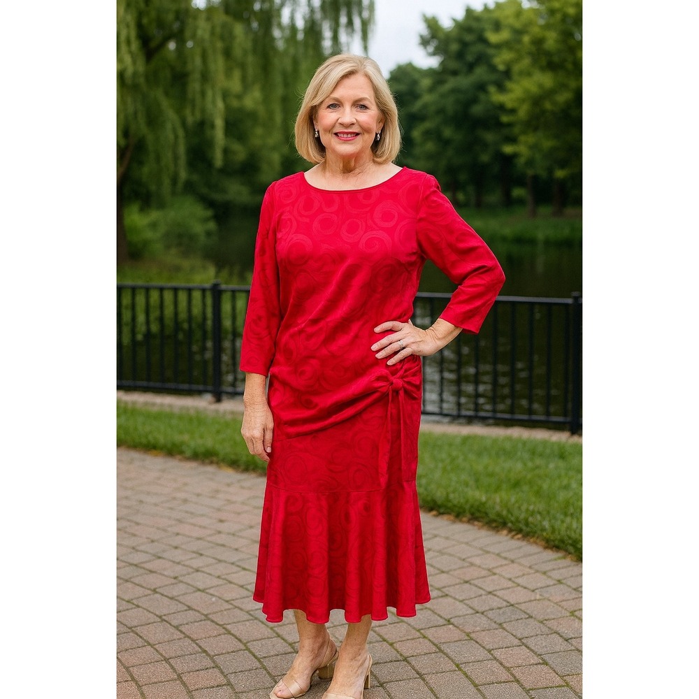 Argenti Drop Waist Blouson Dress Red Womens Size 6 Pure Silk Long Sleeve Vintage